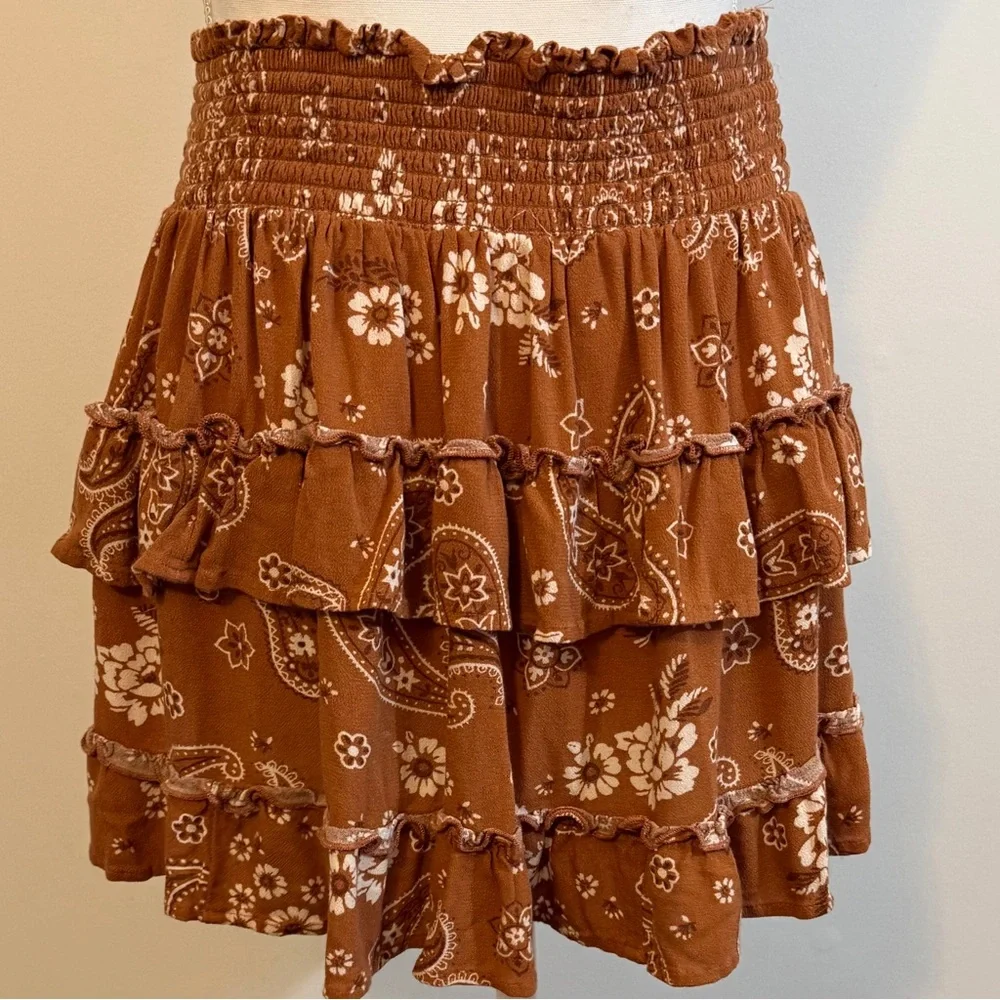 Aerie Brown Floral Paisley Tiered Ruffle Mini Skirt Size M - Picture 3 of 8